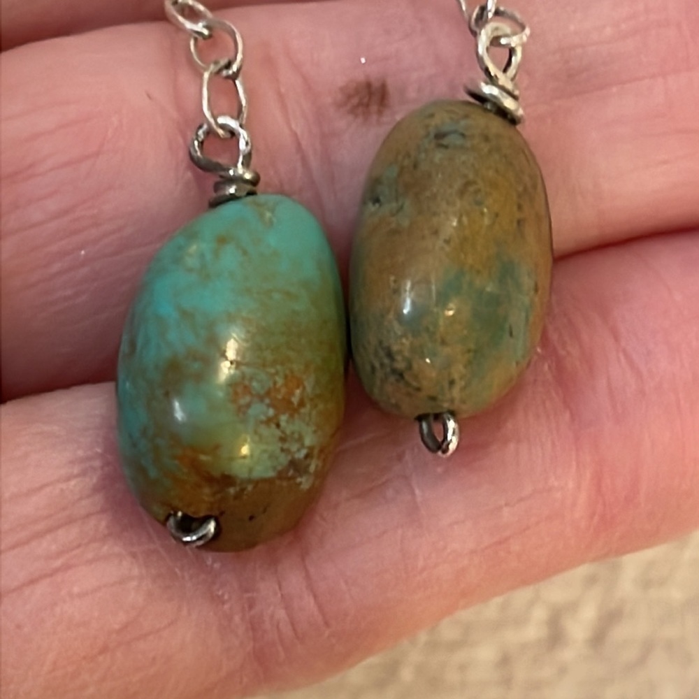 Sterling silver dainty chain glass bead turquoise stone long dangle - Picture 5 of 8